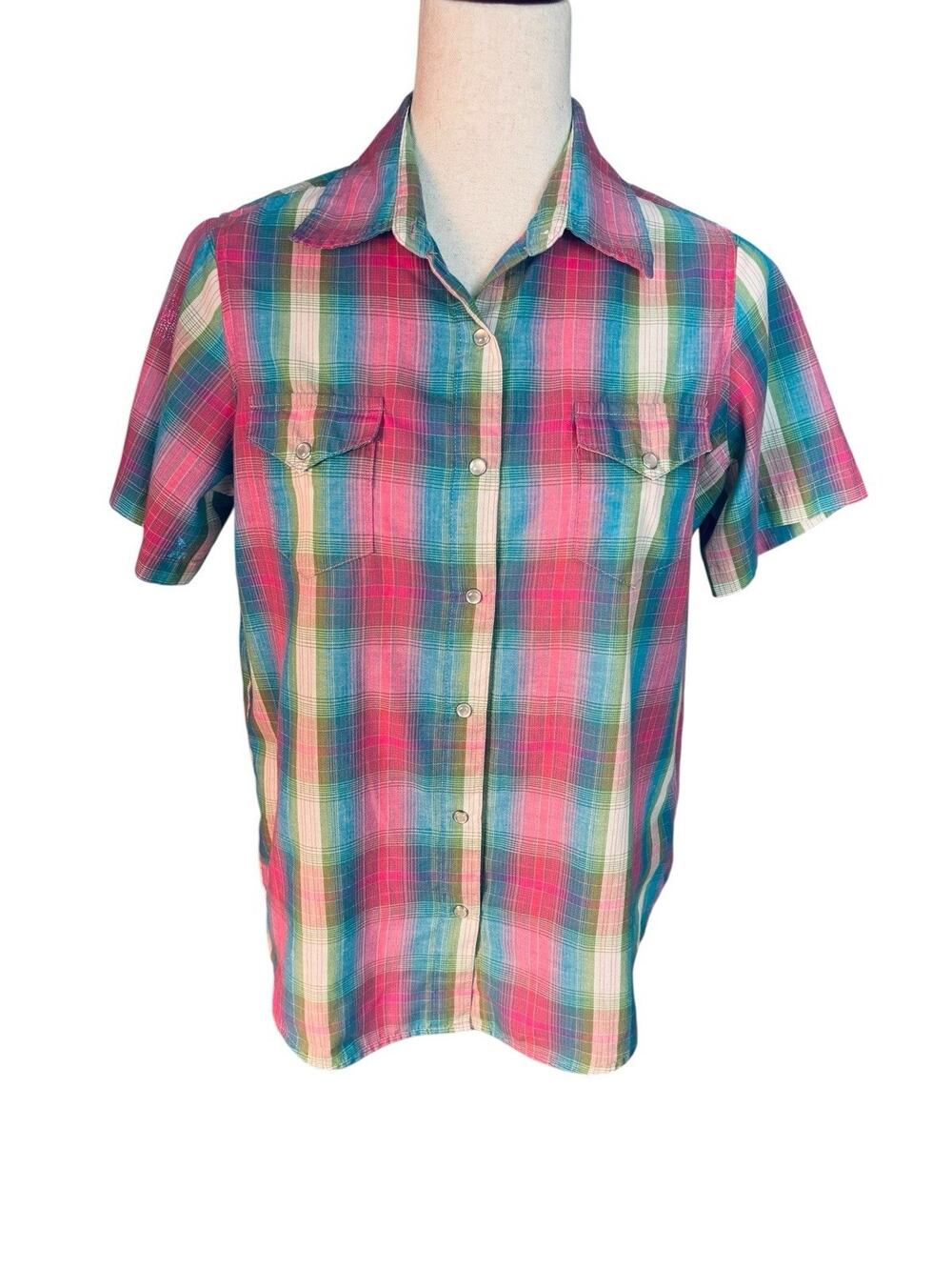 Wrancher by Wrangler Pearl Snap Plaid Short Sleeve Shirt Medium Western